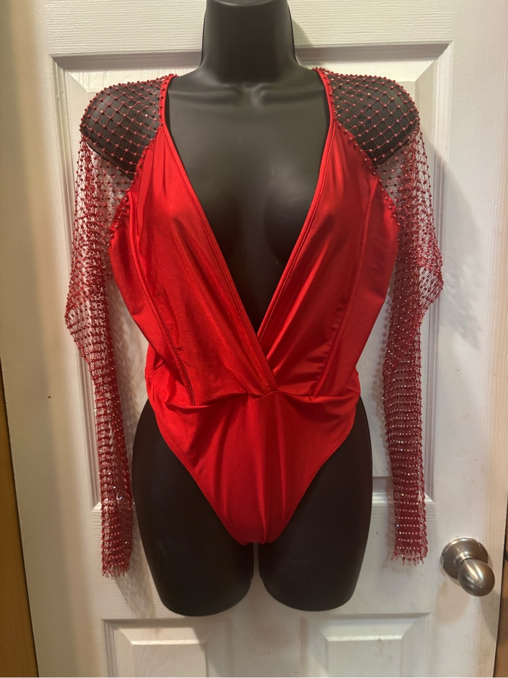 Red Mesh-Sleeve Plunging V-Neck Jumpsuit